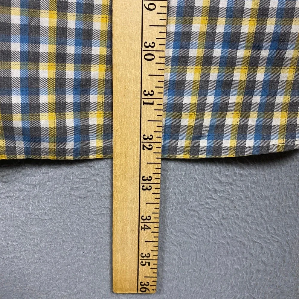 Banana Republic Button Down Mens XXL Blue Yellow Plaid Heritage Elbow Patches